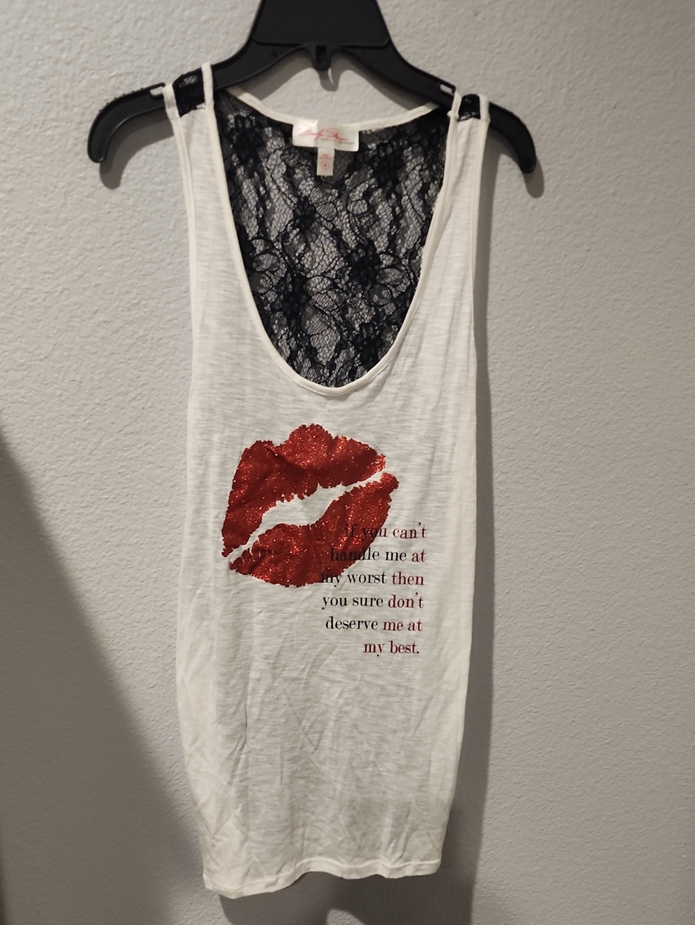 White Lace-Back Tank with Red Sequin Lip Graphic